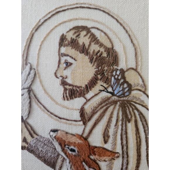 St Francis Of Assisi Embroidered Large Portrait Fawn Animals Quote Framed Matted - Picture 4 of 7